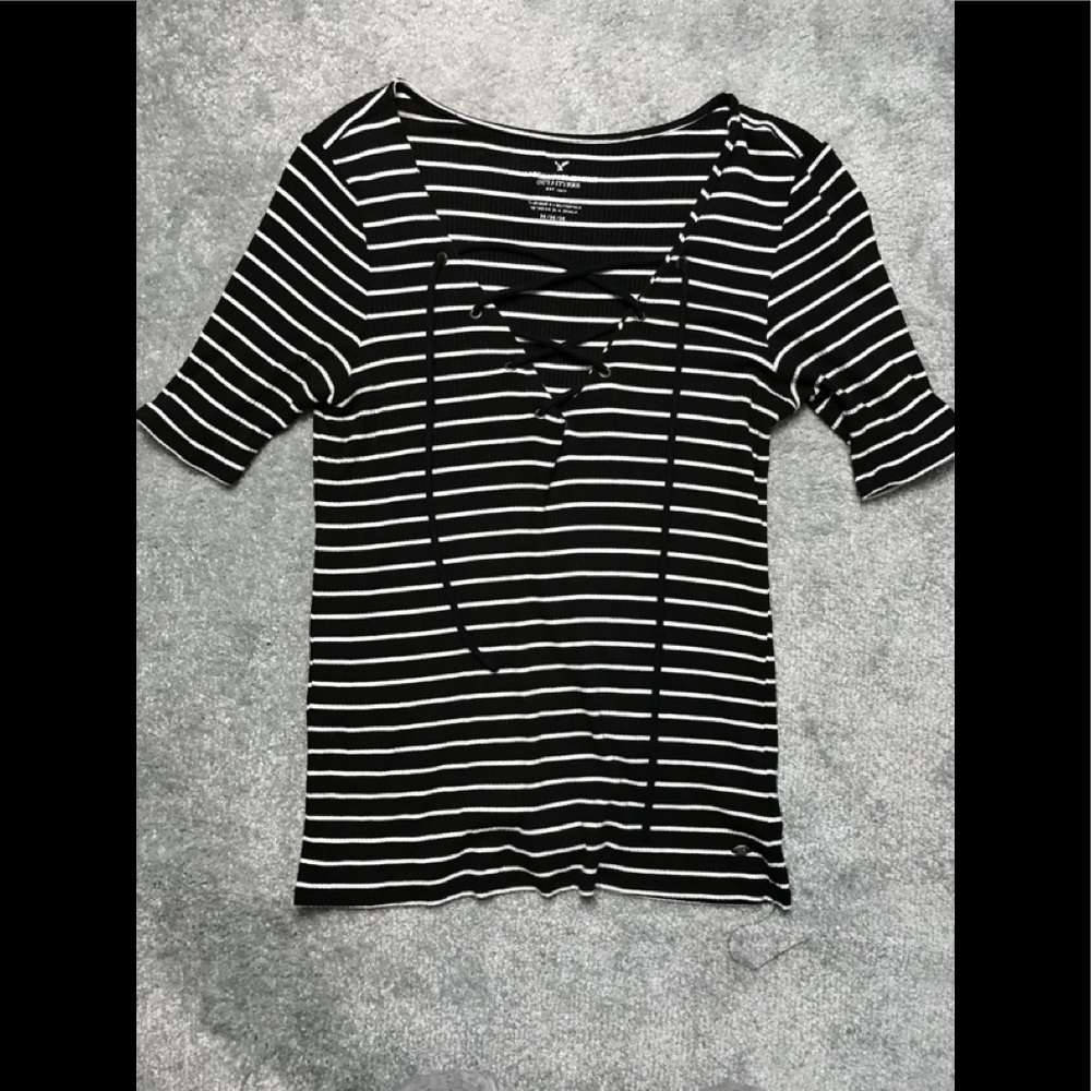 American Eagle Stripped Knitted V-Neck Cris Cross